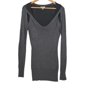 Cache Sweater Dress Womens XS Grey V-Neck Shoulder Cut Out Long Sleeve Knit